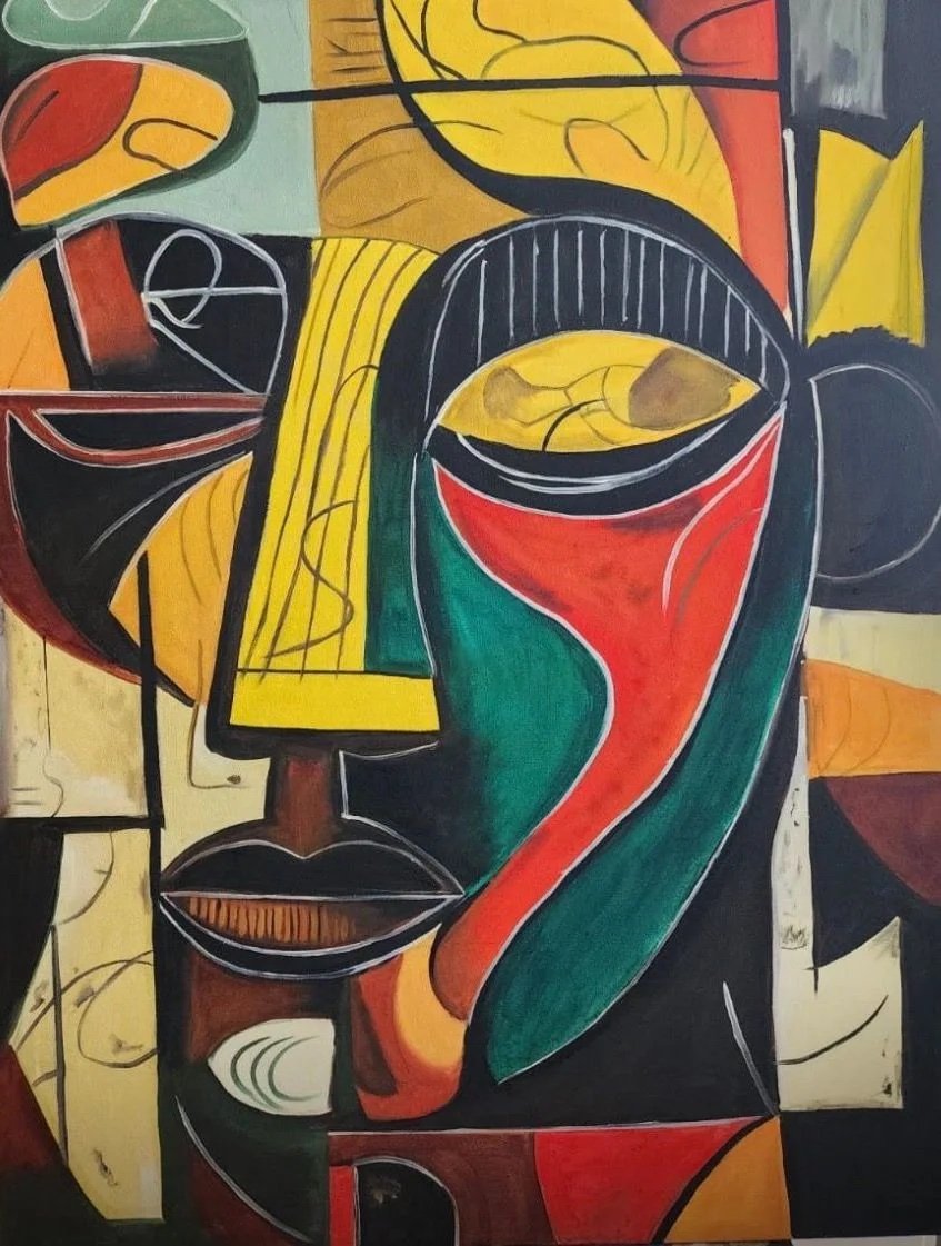 Retrato cubista de un rostro fragmentado en rojo, verde y dorado.